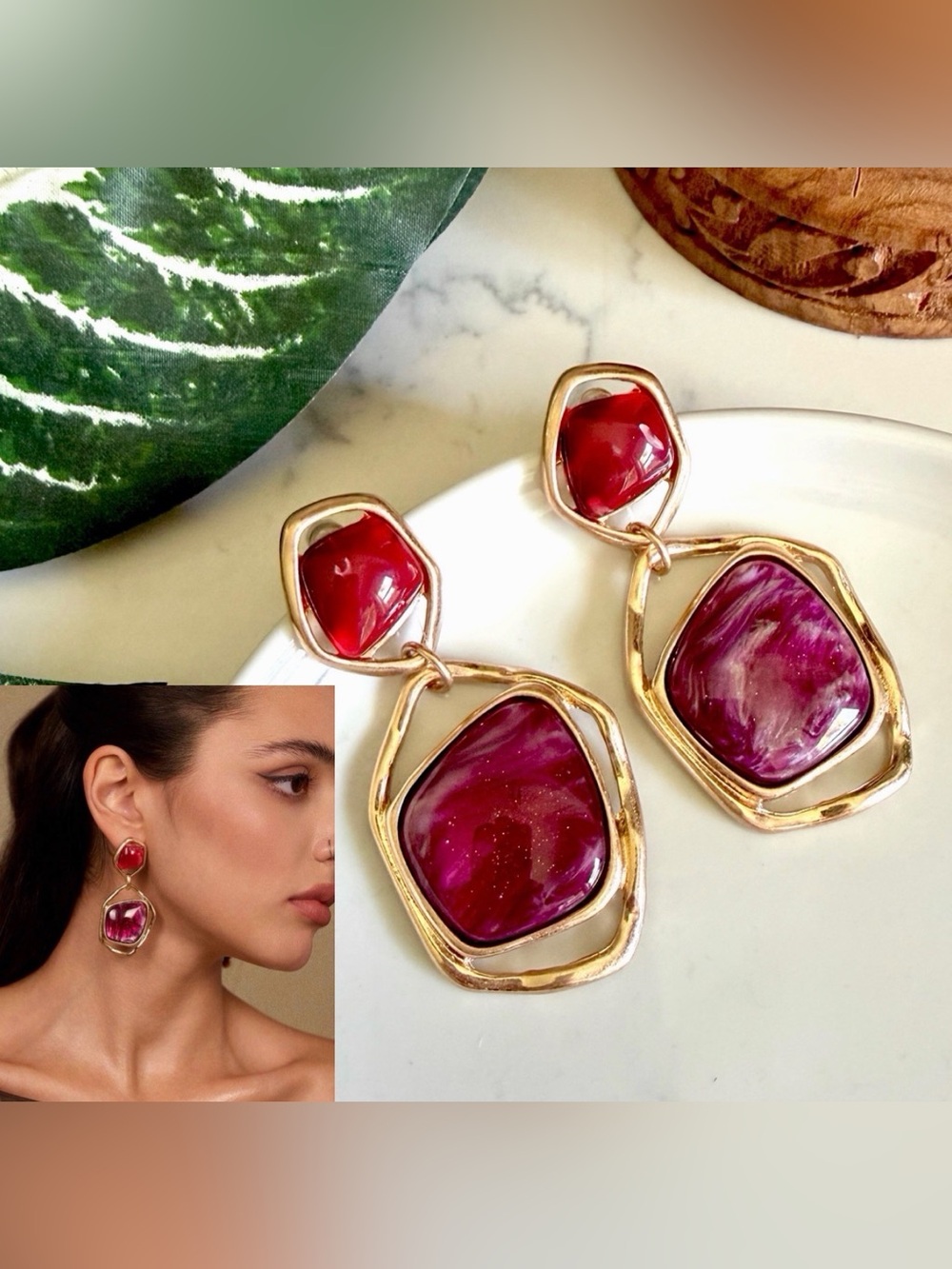 Gold Red Magenta Swirl Stone Earrings Organic Shape European Style Jewelry NEW